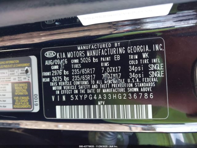 2017 KIA SORENTO 5XYPG4A33HG236786 Photo 8