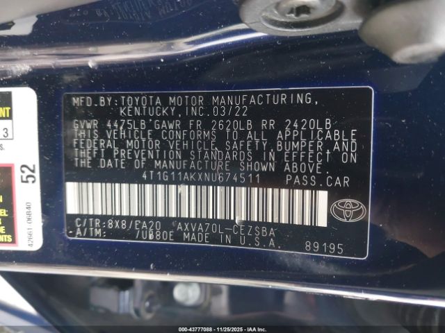 2022 TOYOTA CAMRY 4T1G11AKXNU674511 Photo 8