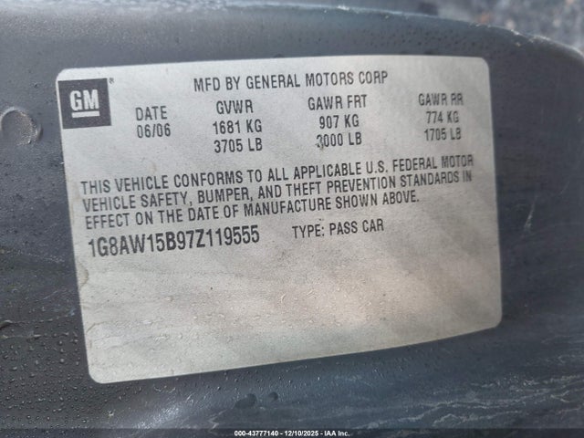 Продаж на аукціоні авто 2007 Saturn Ion 3, vin: 1G8AW15B97Z119555, номер лоту: 43777140