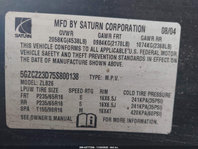 2005 Saturn Vue 4 Cyl მანქანა იყიდება აუქციონზე, vin: 5GZCZ23D75S800138, აუქციონის ნომერი: 43777206