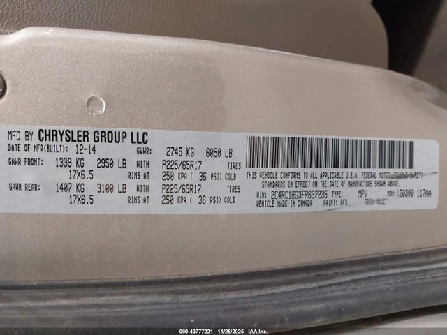 Продаж на аукціоні авто 2015 Chrysler Town & Country Touring, vin: 2C4RC1BG3FR637235, номер лоту: 43777221
