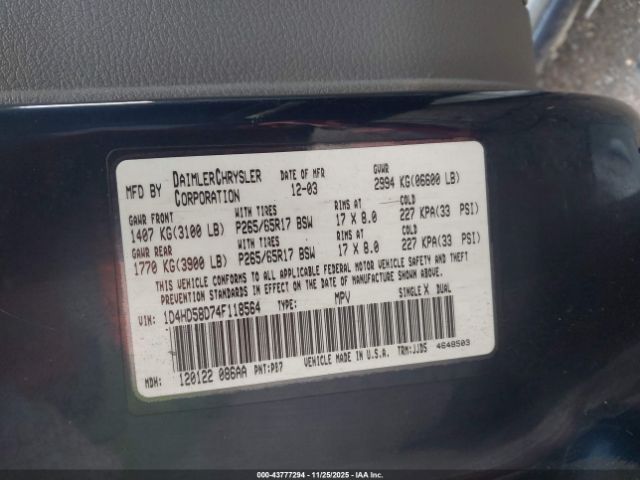 2004 DODGE DURANGO 1D4HD58D74F118564 Photo 8