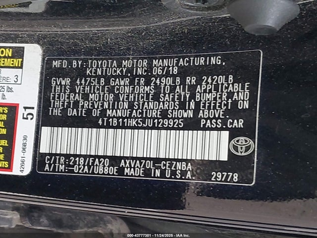 4T1B11HK5JU129925 Toyota CAMRY LE