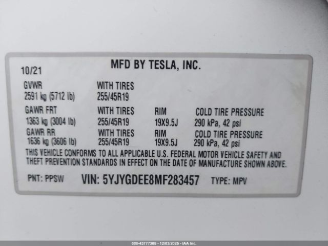 2021 TESLA MODEL Y 5YJYGDEE8MF283457 Photo 8