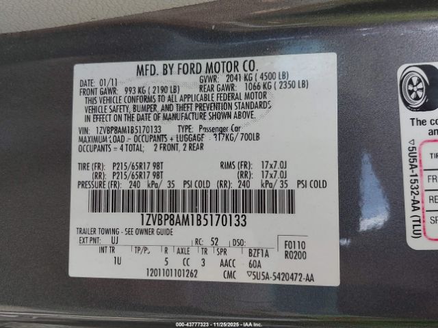 2011 FORD MUSTANG 1ZVBP8AM1B5170133 Photo 8