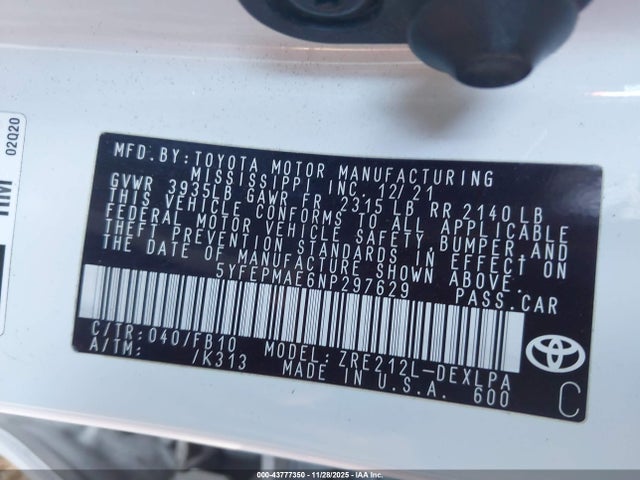 5YFEPMAE6NP297629 Toyota COROLLA LE
