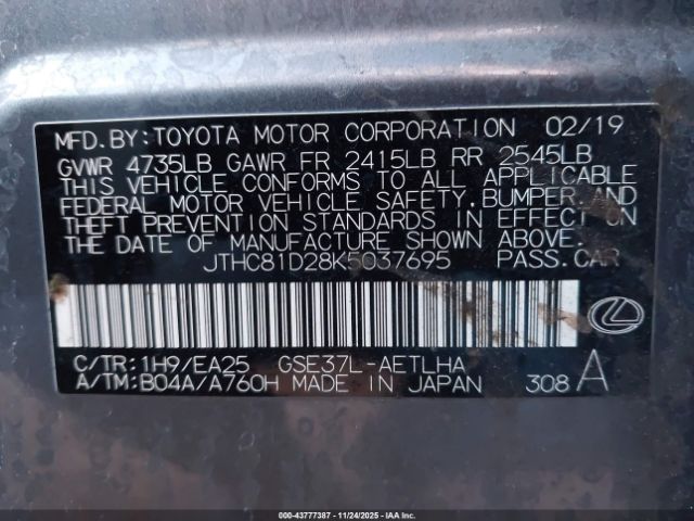 2019 LEXUS IS 300 JTHC81D28K5037695 Photo 8