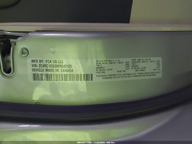 43777398 :رقم المزاد ، 2C4RC1DG0MR542125 vin ، 2021 Chrysler Voyager Lxi مزاد بيع