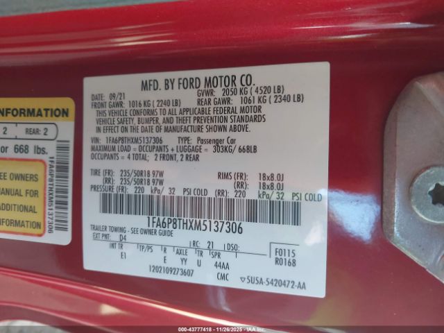 2021 FORD MUSTANG 1FA6P8THXM5137306 Photo 8