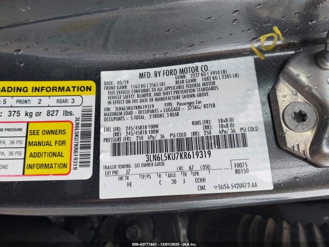 3LN6L5KU7KR619319 Lincoln Mkz Hybrid Standard