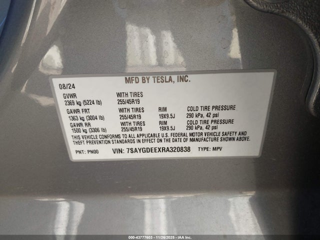 43777603 :رقم المزاد ، 7SAYGDEEXRA320838 vin ، 2024 Tesla Model Y Long Range Dual Motor All-wheel Drive مزاد بيع