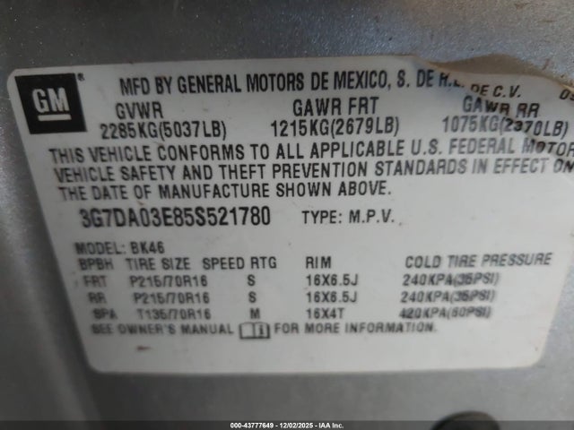 2005 PONTIAC AZTEK 3G7DA03E85S521780 Photo 8