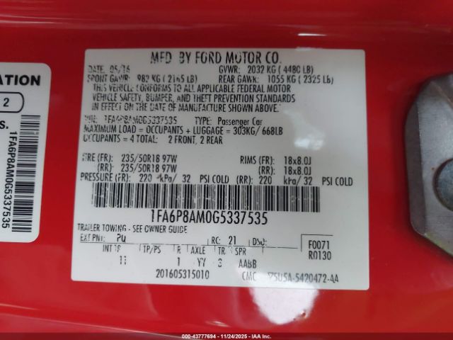2016 FORD MUSTANG 1FA6P8AM0G5337535 Photo 8