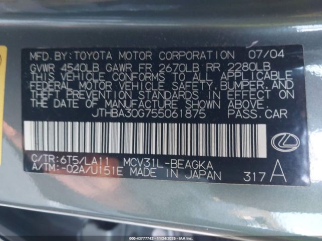 2005 LEXUS ES 330 JTHBA30G755061875 Photo 8