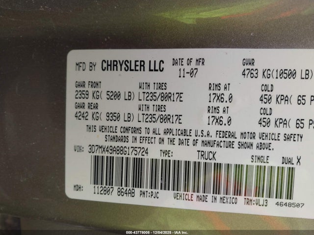 Aukcja sprzedaży 2008 Dodge Ram 3500 Laramie, vin: 3D7MX49A88G175724, numer aukcji: 43778008
