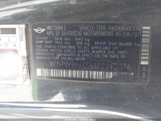 2007 MINI COOPER S WMWRH33517TJ45076 Photo 8