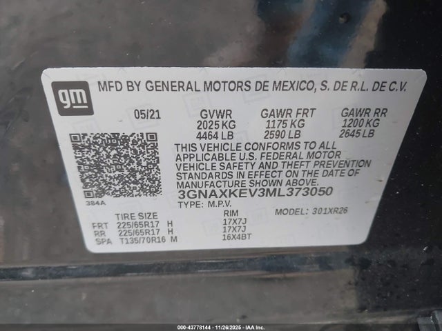 Aukcja sprzedaży 2021 Chevrolet Equinox Fwd Lt, vin: 3GNAXKEV3ML373050, numer aukcji: 43778144