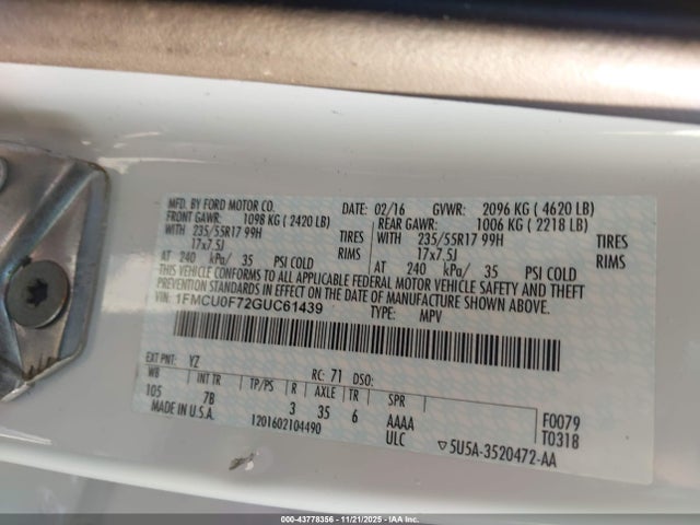 2016 Ford Escape S მანქანა იყიდება აუქციონზე, vin: 1FMCU0F72GUC61439, აუქციონის ნომერი: 43778356