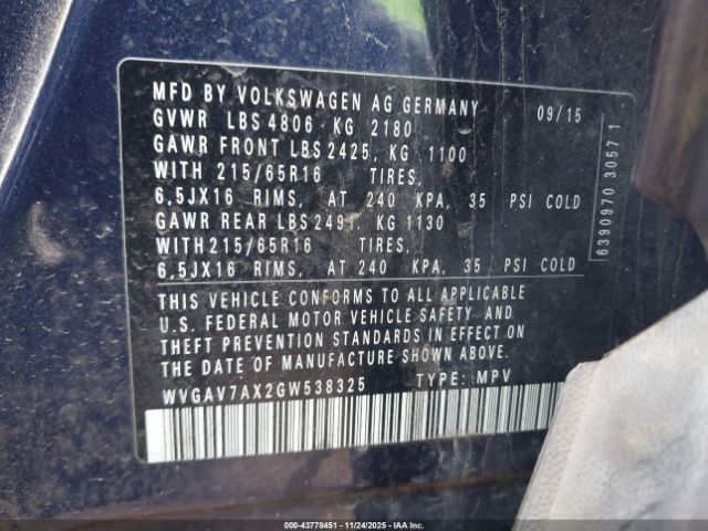 2016 VOLKSWAGEN TIGUAN WVGAV7AX2GW538325 Photo 8