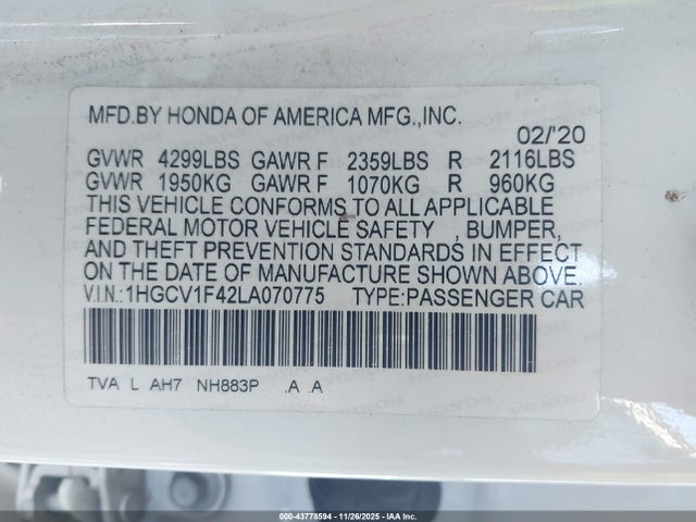 2020 HONDA ACCORD 1HGCV1F42LA070775 Photo 8