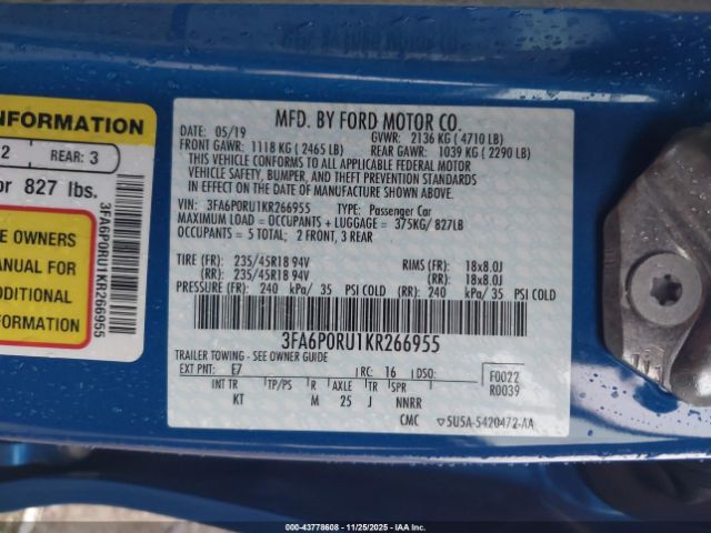 2019 FORD FUSION HYBRID 3FA6P0RU1KR266955 Photo 8