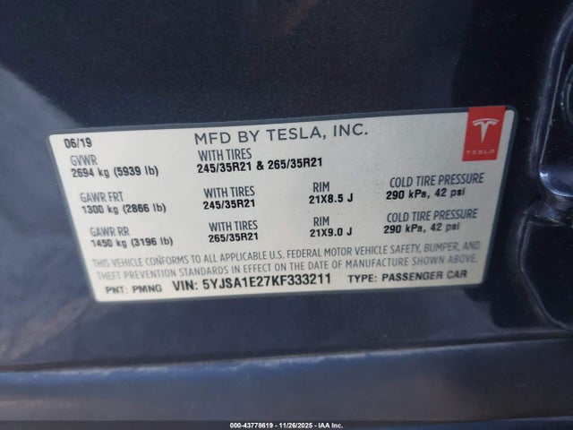 2019 TESLA MODEL S 5YJSA1E27KF333211 Photo 8