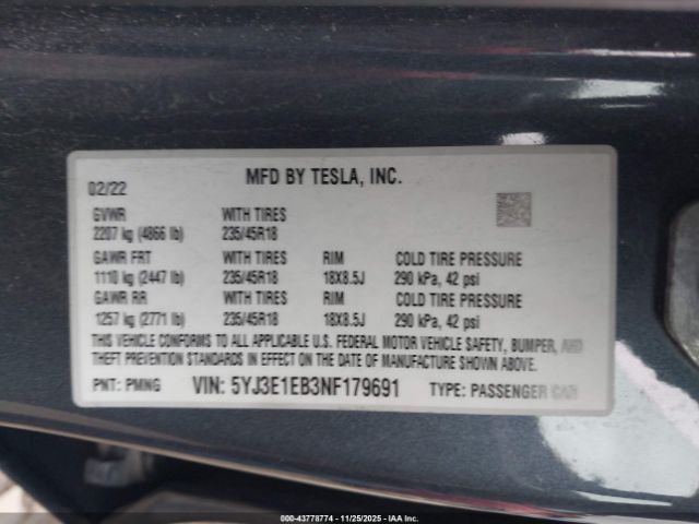 2022 TESLA MODEL 3 5YJ3E1EB3NF179691 Photo 8