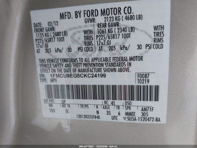 2012 FORD ESCAPE 1FMCU9EG5CKC24199 Photo 8