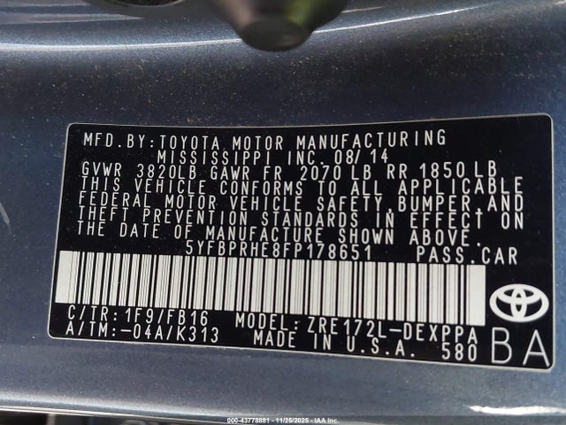 Toyota Corolla Le Eco Plus 2015 5YFBPRHE8FP178651 Image 9