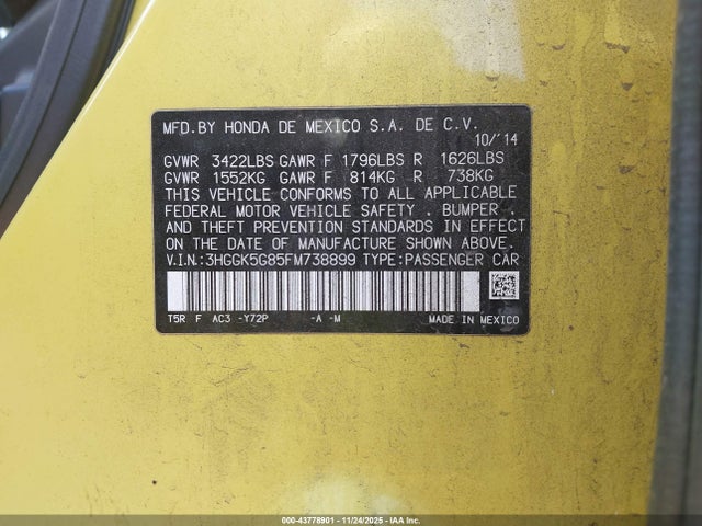 3HGGK5G85FM738899 Honda FIT EX