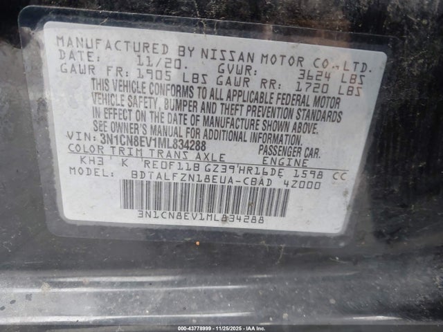 Aukcja sprzedaży 2021 Nissan Versa Sv Xtronic Cvt, vin: 3N1CN8EV1ML834288, numer aukcji: 43778999
