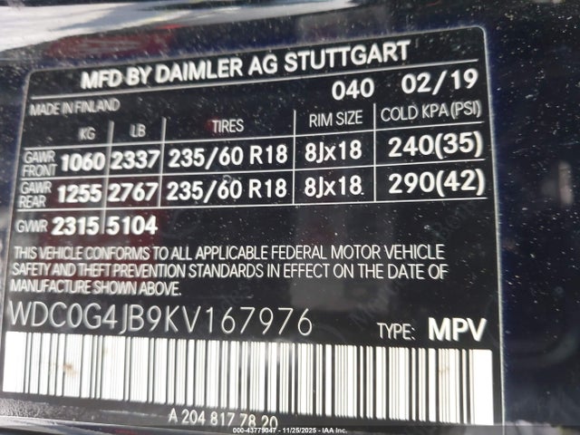 Aukcja sprzedaży 2019 Mercedes-benz Glc 300, vin: WDC0G4JB9KV167976, numer aukcji: 43779047