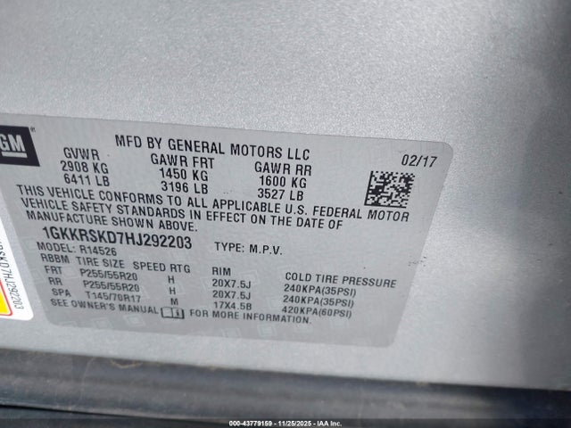 Aukcja sprzedaży 2017 Gmc Acadia Limited, vin: 1GKKRSKD7HJ292203, numer aukcji: 43779159