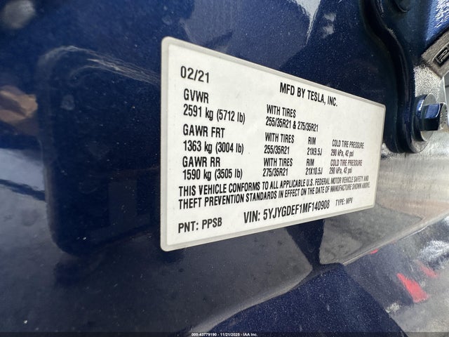 2021 Tesla Model Y Performance Dual Motor All-wheel Drive მანქანა იყიდება აუქციონზე, vin: 5YJYGDEF1MF140908, აუქციონის ნომერი: 43779190