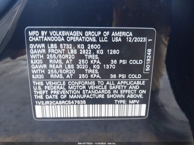 43779220 :رقم المزاد ، 1V2JR2CA8RC547635 vin ، 2024 Volkswagen Atlas 2.0t Se W/technology مزاد بيع