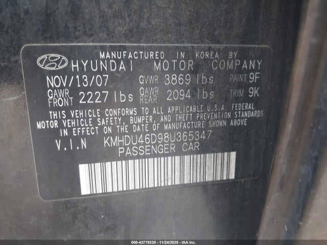 2008 HYUNDAI ELANTRA KMHDU46D98U365347 Photo 8