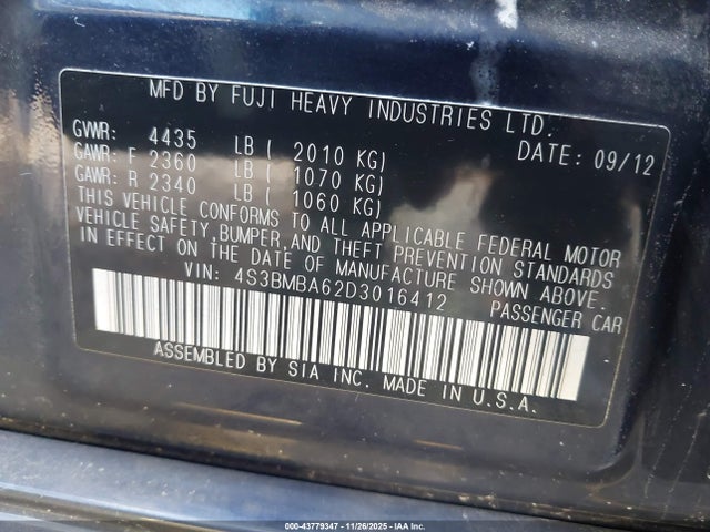 Aukcja sprzedaży 2013 Subaru Legacy 2.5i, vin: 4S3BMBA62D3016412, numer aukcji: 43779347