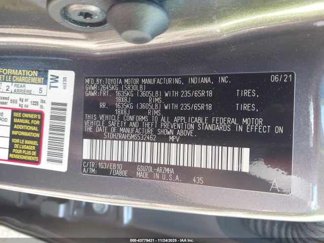 Продаж на аукціоні авто 2021 Toyota Highlander Xle, vin: 5TDHZRAH5MS532462, номер лоту: 43779421