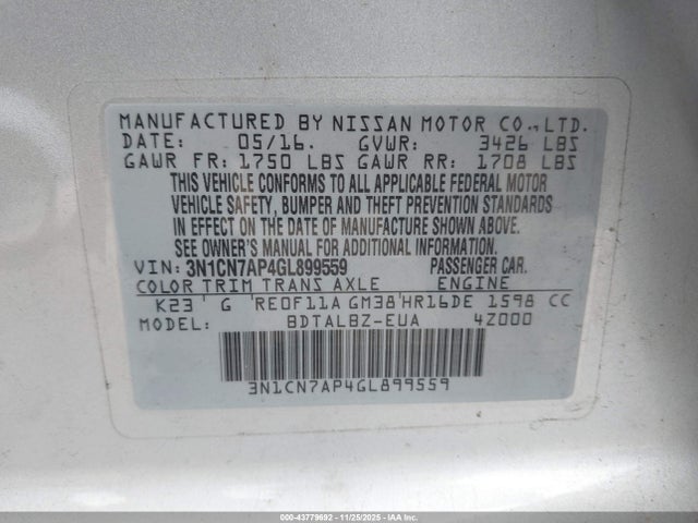 3N1CN7AP4GL899559 Nissan Versa 1.6 S/1.6 S+/1.6 Sl/1.6 Sv
