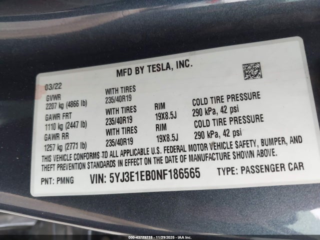 2022 TESLA MODEL 3 5YJ3E1EB0NF186565 Photo 8