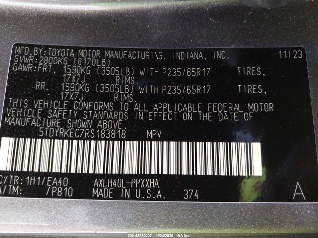 5TDYRKEC7RS183818 Toyota SIENNA XLE