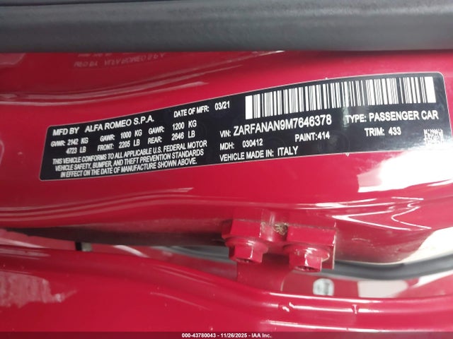 2021 ALFA ROMEO GIULIA ZARFANAN9M7646378 Photo 8