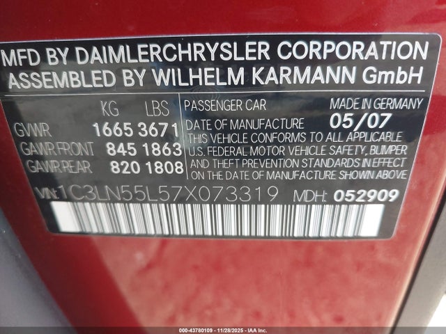 43780109 :رقم المزاد ، 1C3LN55L57X073319 vin ، 2007 Chrysler Crossfire مزاد بيع