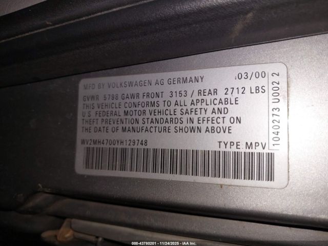 2000 VOLKSWAGEN EUROVAN WV2MH4700YH129748 Photo 8