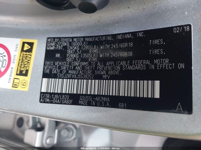 5TDJZRFHXJS539252 Toyota Highlander Xle