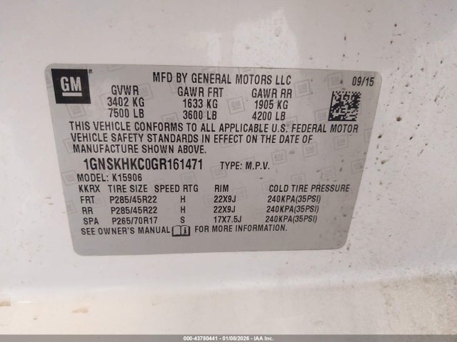 43780441 :رقم المزاد ، 1GNSKHKC0GR161471 vin ، 2016 Chevrolet Suburban Lt مزاد بيع