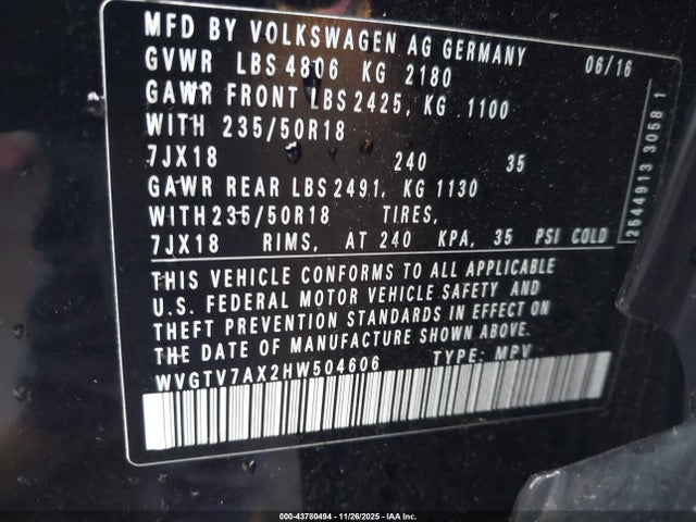 2017 Volkswagen Tiguan 2.0t Sport მანქანა იყიდება აუქციონზე, vin: WVGTV7AX2HW504606, აუქციონის ნომერი: 43780494