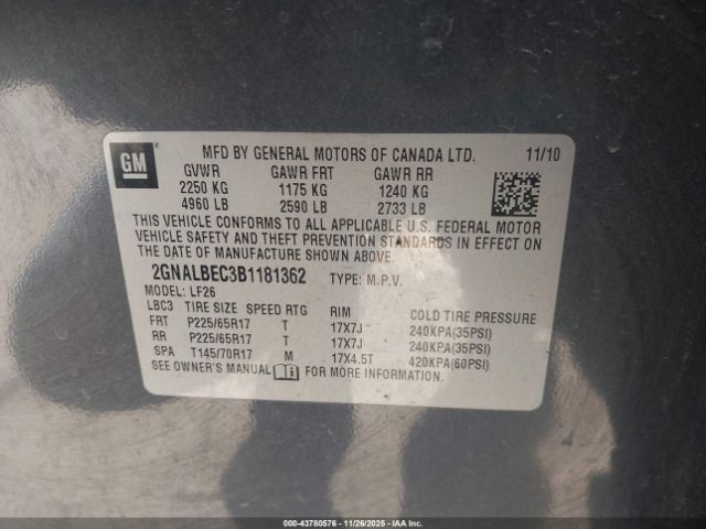 2011 CHEVROLET EQUINOX 2GNALBEC3B1181362 Photo 8