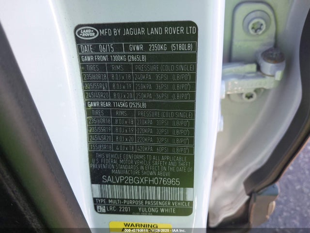 2015 LAND ROVER RANGE ROVER EVOQUE SALVP2BGXFH076965 Photo 8