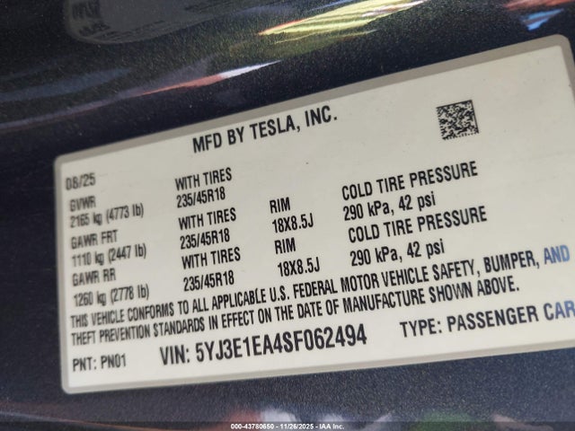 2025 TESLA MODEL 3 5YJ3E1EA4SF062494 Photo 8